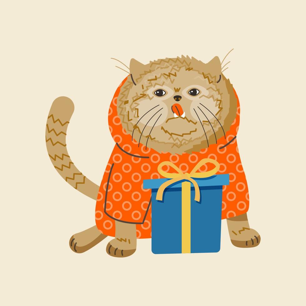 fröhliche lustige Katze in einem Sweatshirt mit einem Geschenk gratuliert zum Urlaub. trendige Illustration im flachen Stil. isolierter Vektor