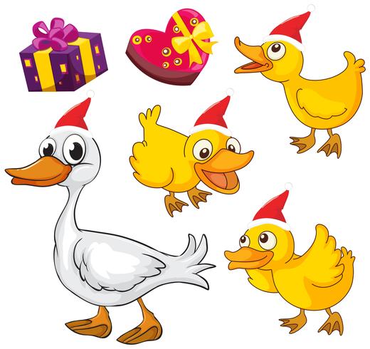 Weihnachtsthema mit Enten und Geschenken vektor