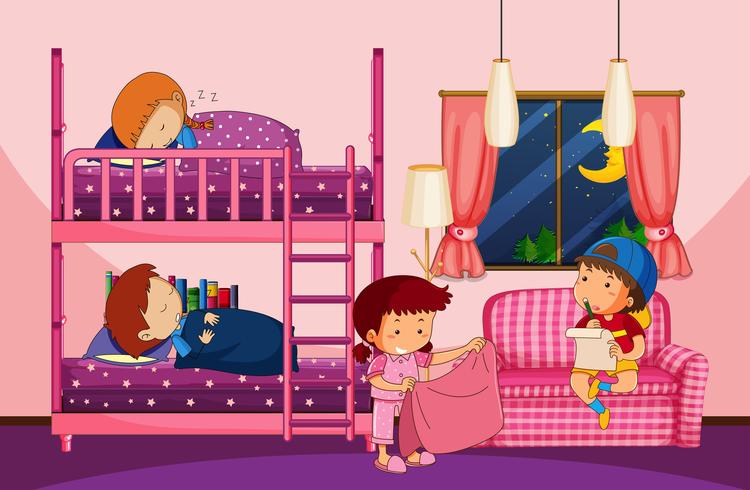 Vier Kinder im Schlafzimmer mit Etagenbett vektor