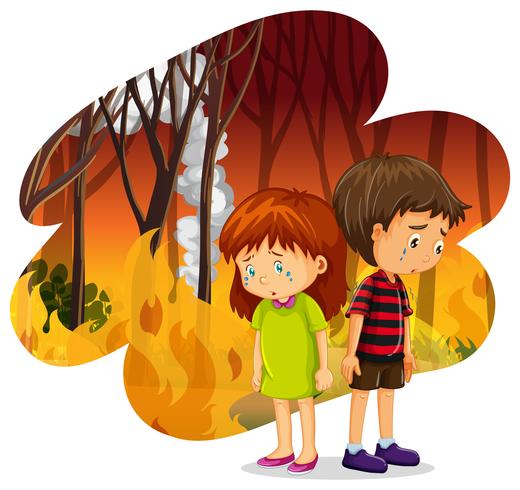 Barn gråter vid skogsvildkatastrof vektor