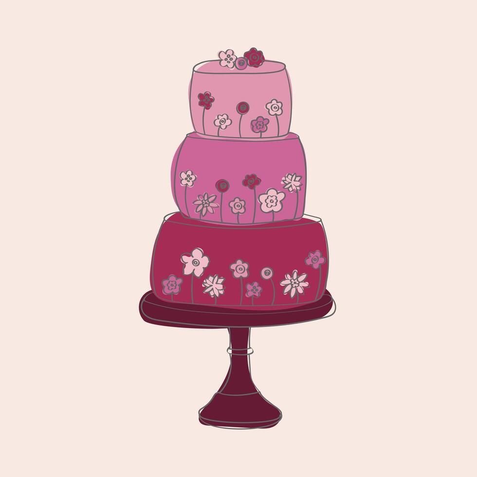 en tre nivåer kaka dekorerad med färgrik blommor är visas. de kaka är handmålad med invecklad mönster och toppade med blomning blommor i olika nyanser vektor