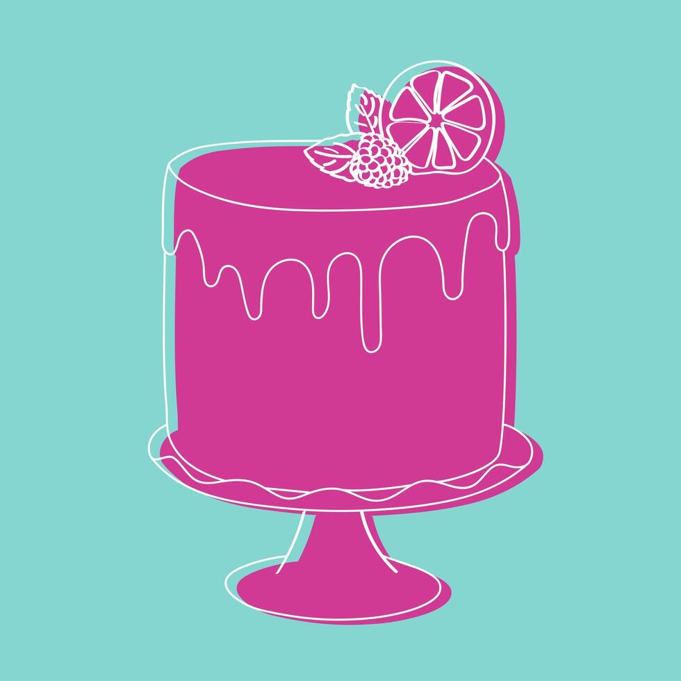 ein Rosa handgemalt Kuchen mit ein Scheibe von Zitrone ruhen auf oben von Es. das Kuchen ist dekoriert mit kompliziert Gekritzel Entwürfe, und das beschwingt Gelb Zitrone Scheibe fügt hinzu ein Pop von Farbe zu das Dessert vektor