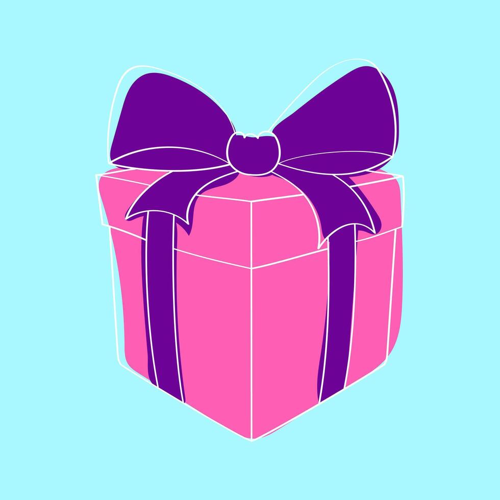 en handmålad rosa gåva låda med en vibrerande lila rosett sitter på en yta. de låda utseende ordentligt insvept och redo till vara given som en närvarande vektor