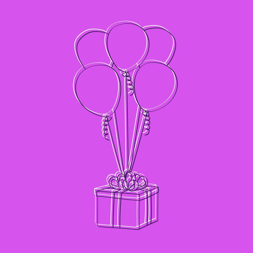 en ritad för hand illustration som visar en färgrik närvarande låda omgiven förbi vibrerande ballonger. de närvarande är Utsmyckad med en rosett, medan de ballonger flyta runt om den i de luft vektor