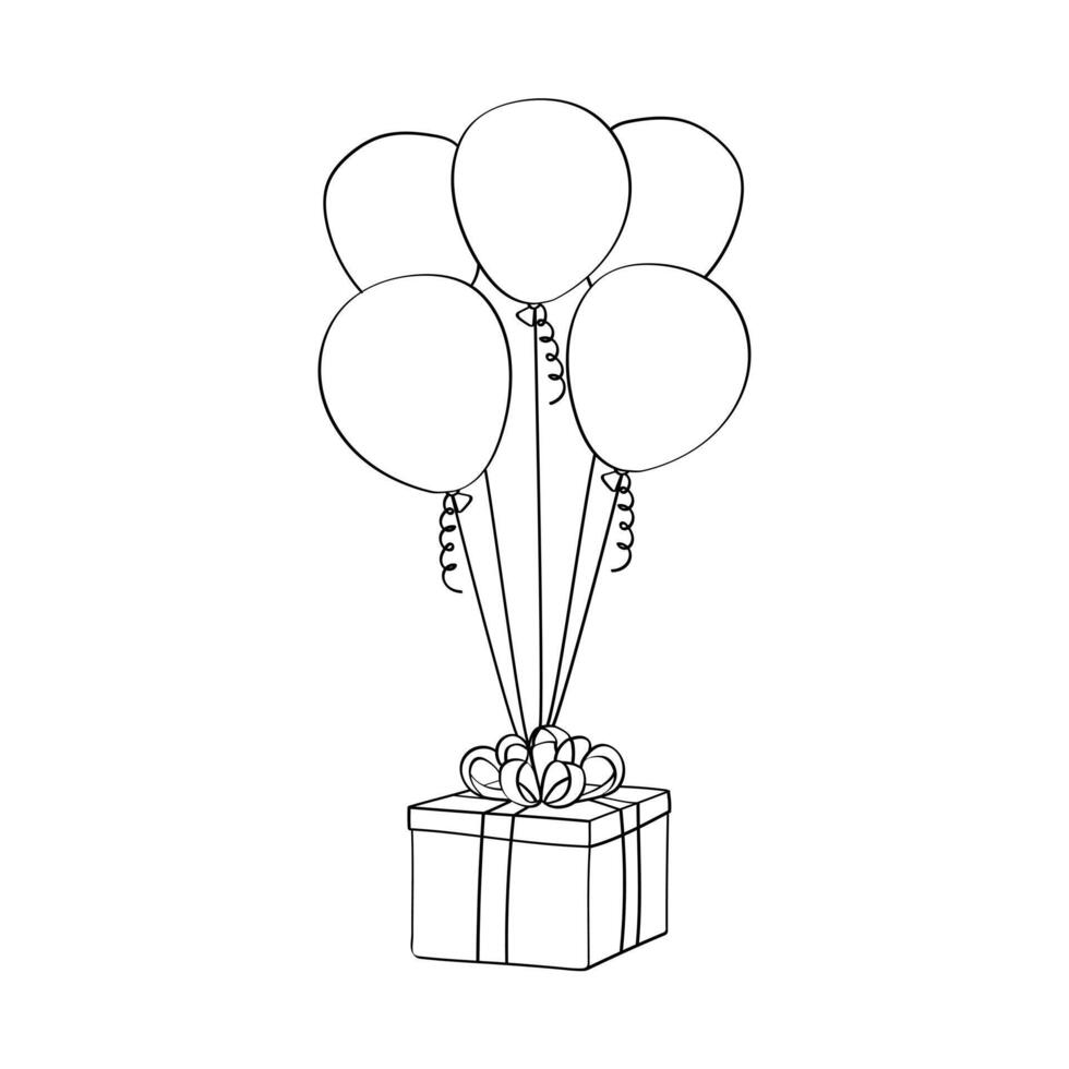 ein bunt Geschenk Box geschmückt mit Luftballons und ein dekorativ Bogen. das Luftballons Feature Gekritzel handgemalt Entwürfe, Hinzufügen ein wunderlich berühren zu das insgesamt Präsentation vektor