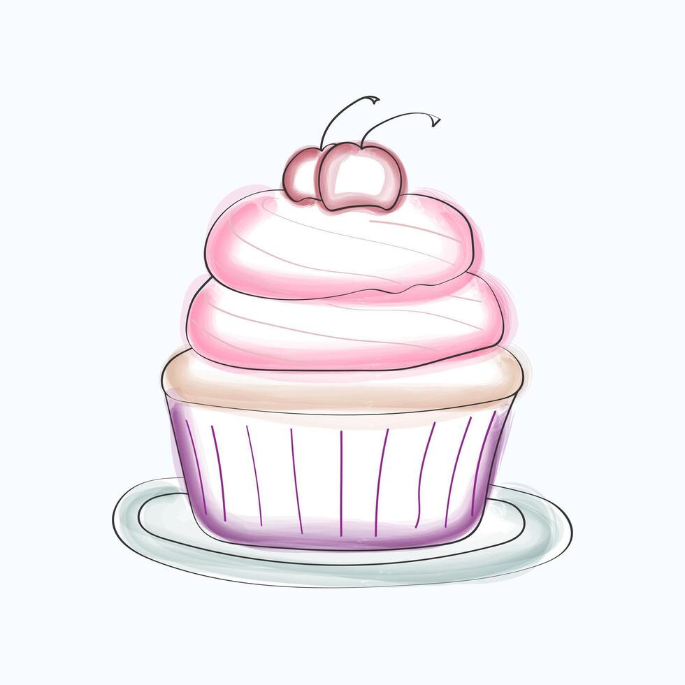 ein köstlich Cupcake mit Rosa Glasur und ein Kirsche auf oben ist angezeigt auf ein Weiß Hintergrund. das Cupcake ist dekoriert mit wirbelt von Rosa Glasur und ein hell rot Kirsche vektor