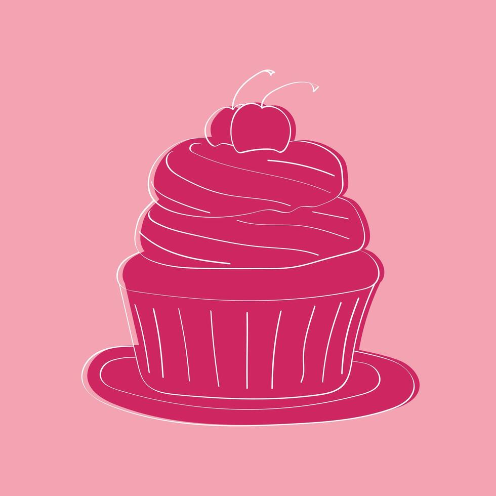 ein Rosa Cupcake mit Glasur und ein Kirsche auf oben angezeigt auf ein Platte. das Cupcake ist dekoriert mit Sträusel, und das Kirsche fügt hinzu ein Pop von Farbe zu das Süss behandeln vektor