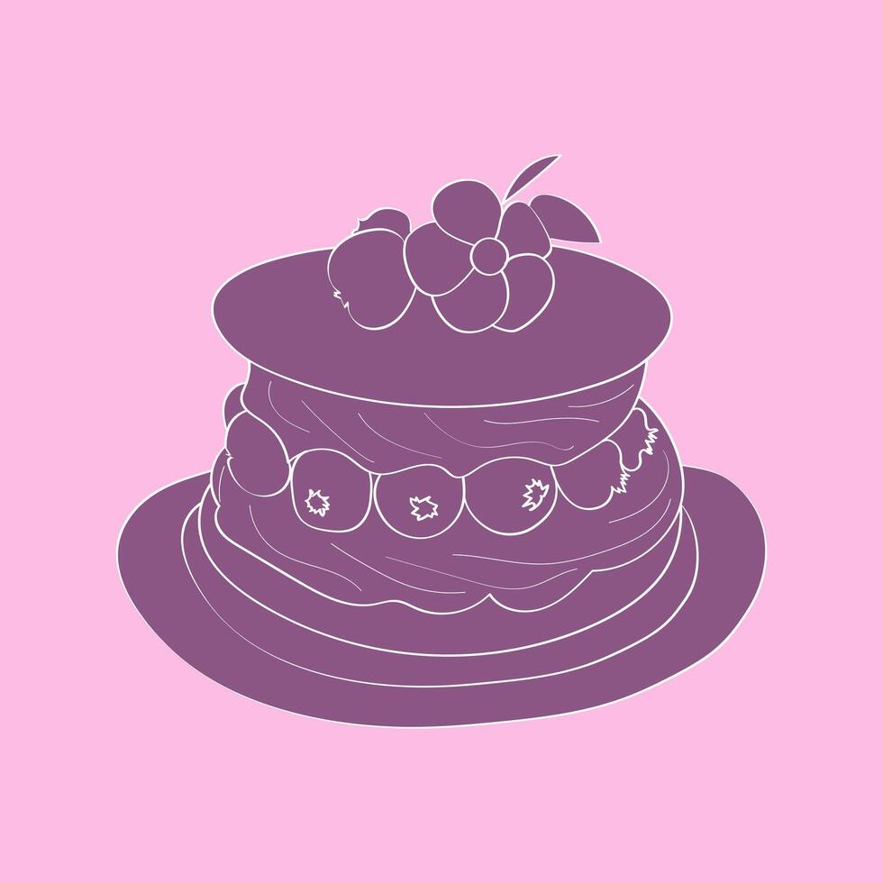 en handmålad klotter skildrar en utsökt kaka toppade med vibrerande röd körsbär. de kaka är detaljerad med skikten och glasyr, och de körsbär Lägg till en pop- av Färg till de sammansättning vektor
