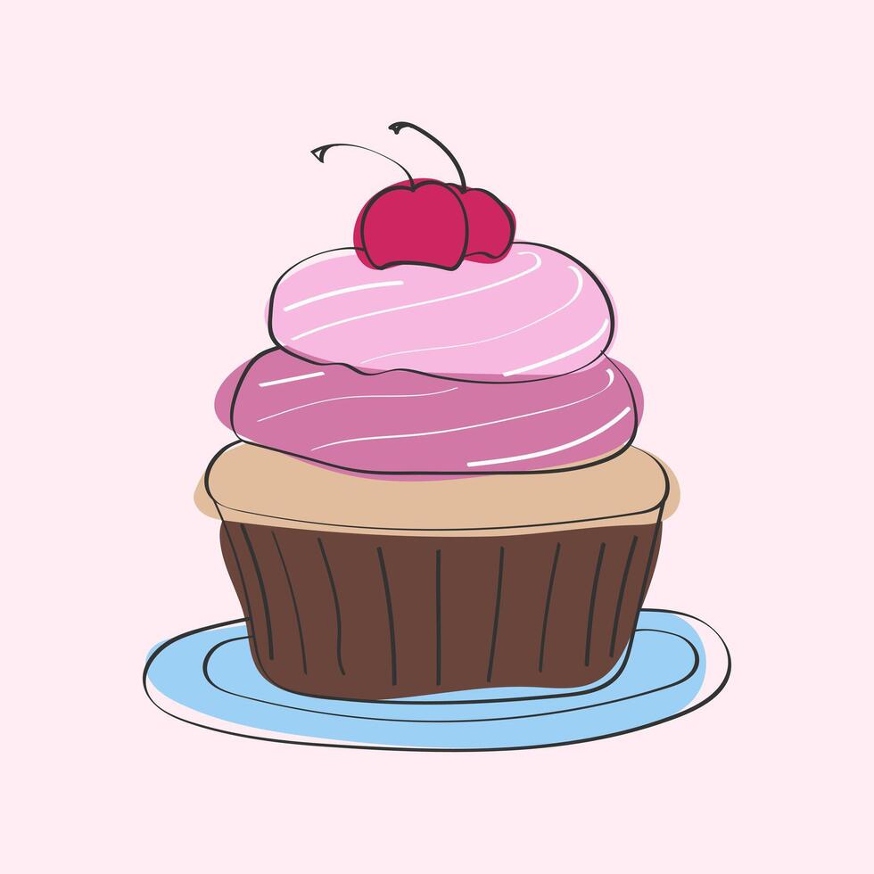 en muffin med en körsbär på topp är visas. de muffin är dekorerad med glasyr och har en vibrerande röd körsbär vilar på dess Centrum vektor