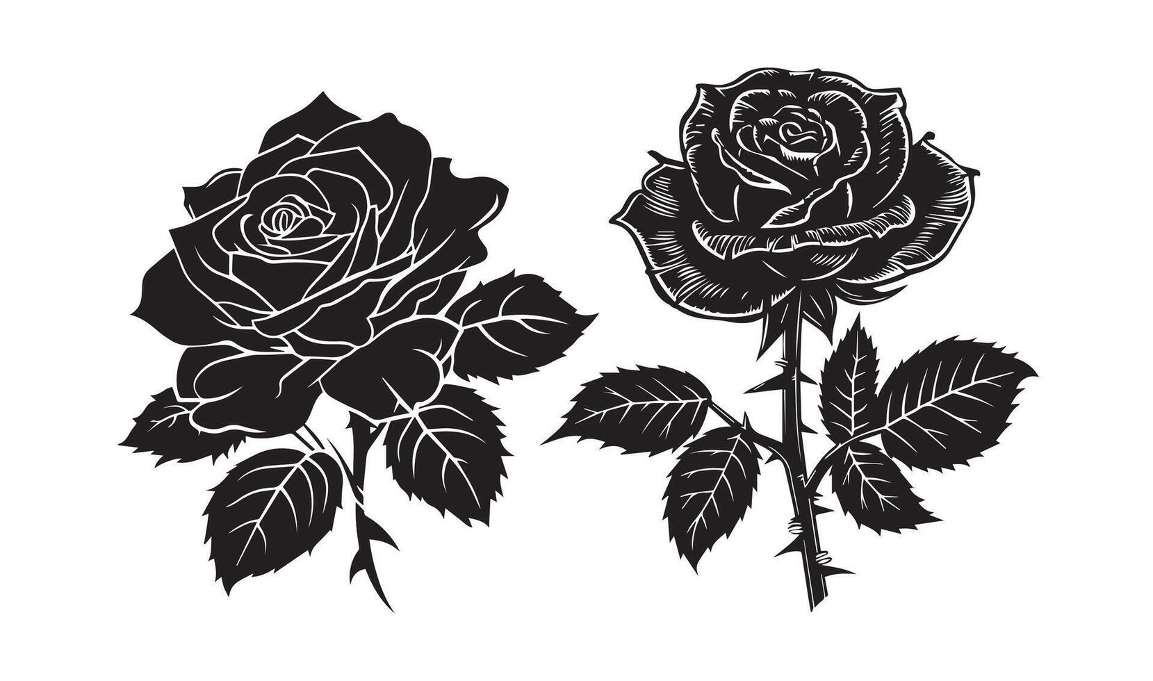 einstellen von zwei Vektor schwarz Silhouetten von Rose Blumen tätowieren isoliert auf Weiß Hintergrund