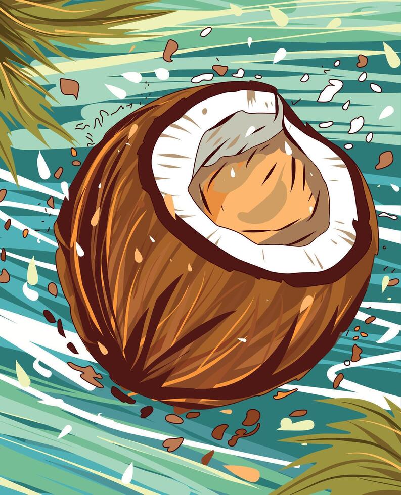 Vektor Illustration von ein hell saftig Kokosnuss Cocktail auf das Hintergrund von das Ozean Palme Blätter eben Stil groß Masken Comic Stil Karikatur