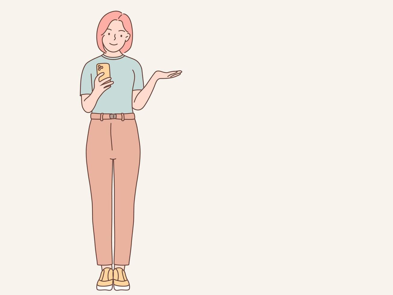 Frau mit Smartphone mit Geste zeigen Präsentation vektor