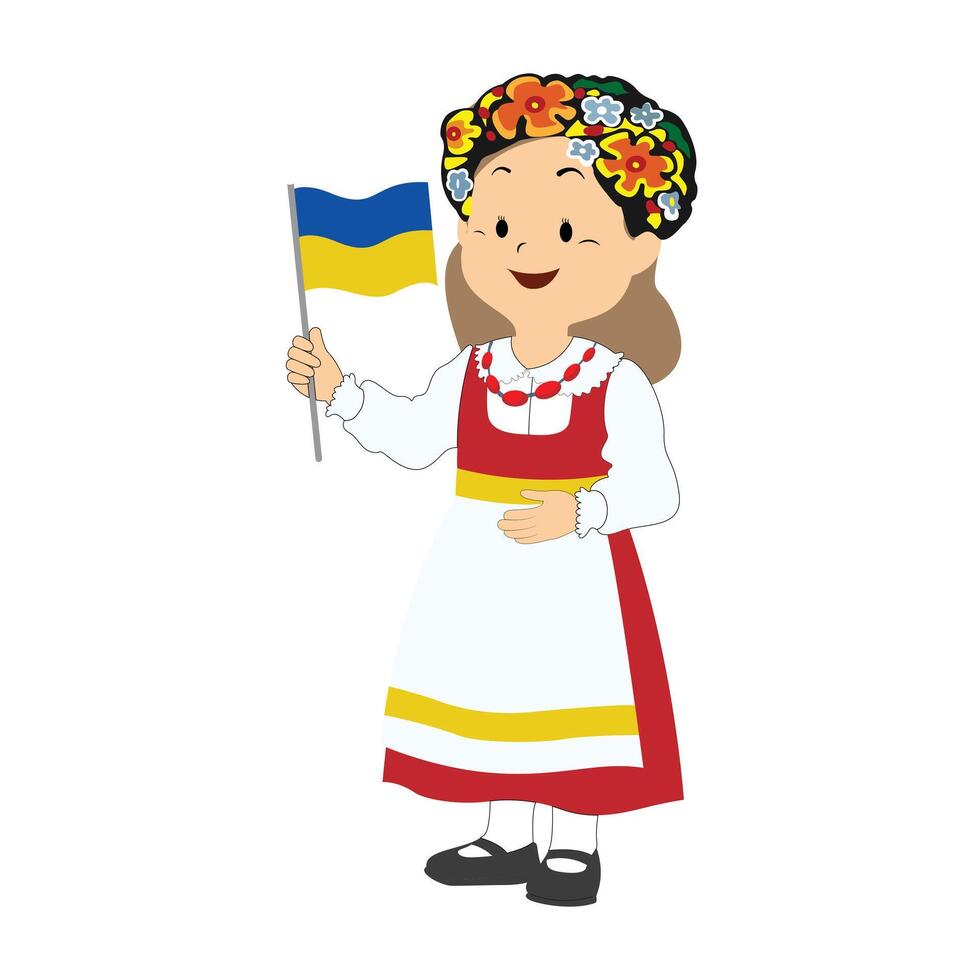 illustration av en unge flicka bär ukrainska nationell kostym och innehav en flagga vektor