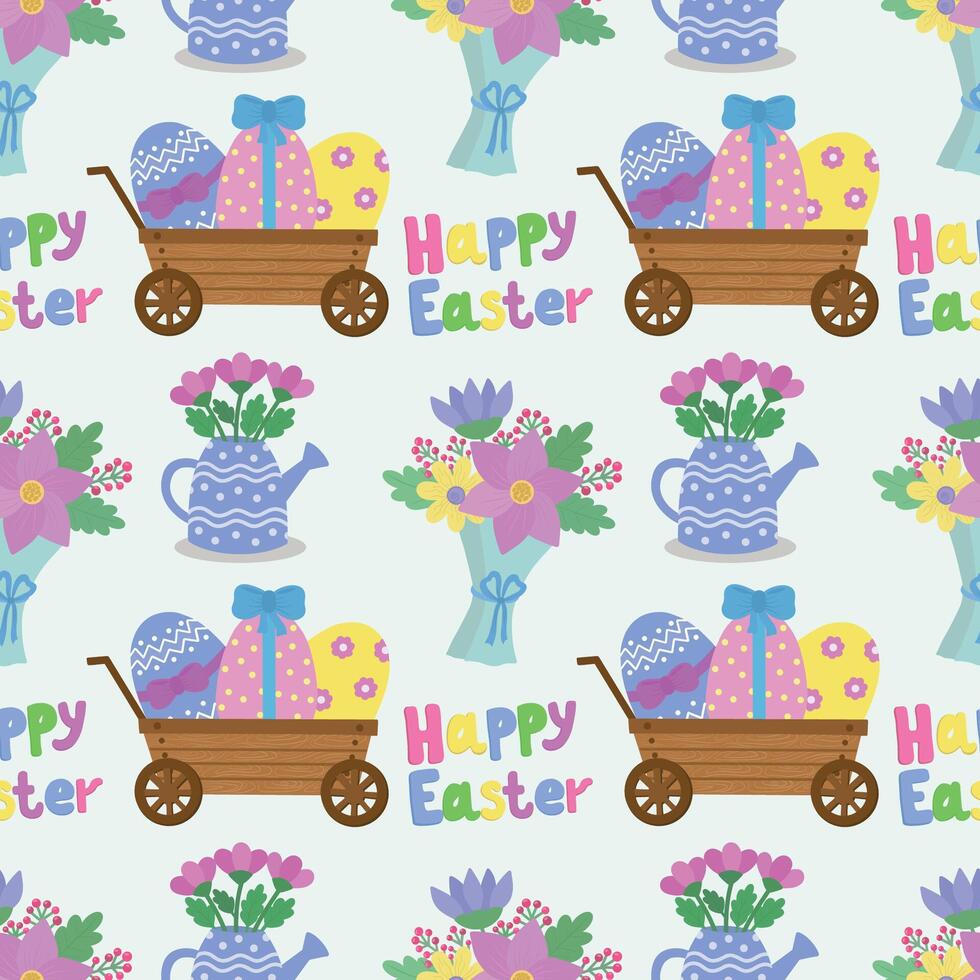 nahtlos Muster mit ein Wagen mit Eier, Blumen, ein Strauß von Blumen, ein Bewässerung können mit Blumen. Vektor Illustration zum Ostern.
