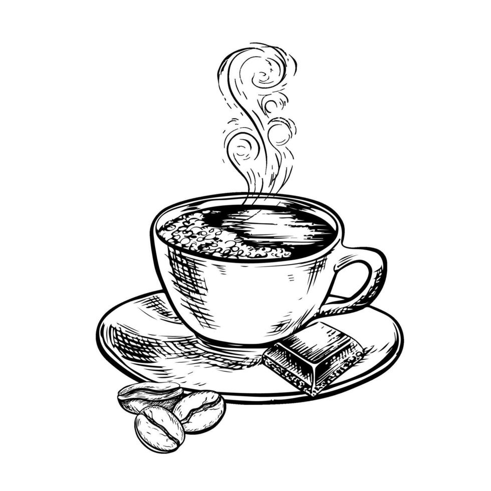 en kopp av kaffe med en skiva av choklad och kaffe bönor, svart och vit vektor illustration. för förpackning, logotyper och etiketter. för banderoller, flygblad, menyer och affischer.