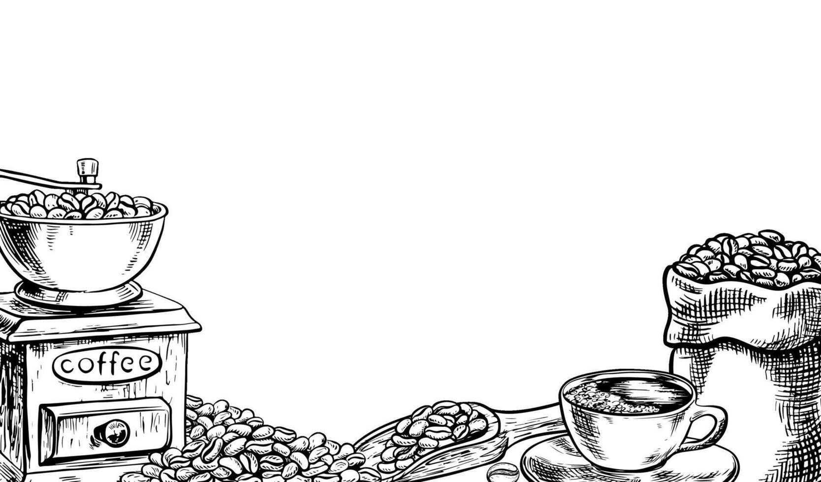 kaffe ram. ett antik kaffe kvarn, en väska av bönor och en kopp av kaffe. vektor svart och vit grafisk illustration är ritad för hand. för, menyer, vykort och paket. för baner, flygblad och affisch