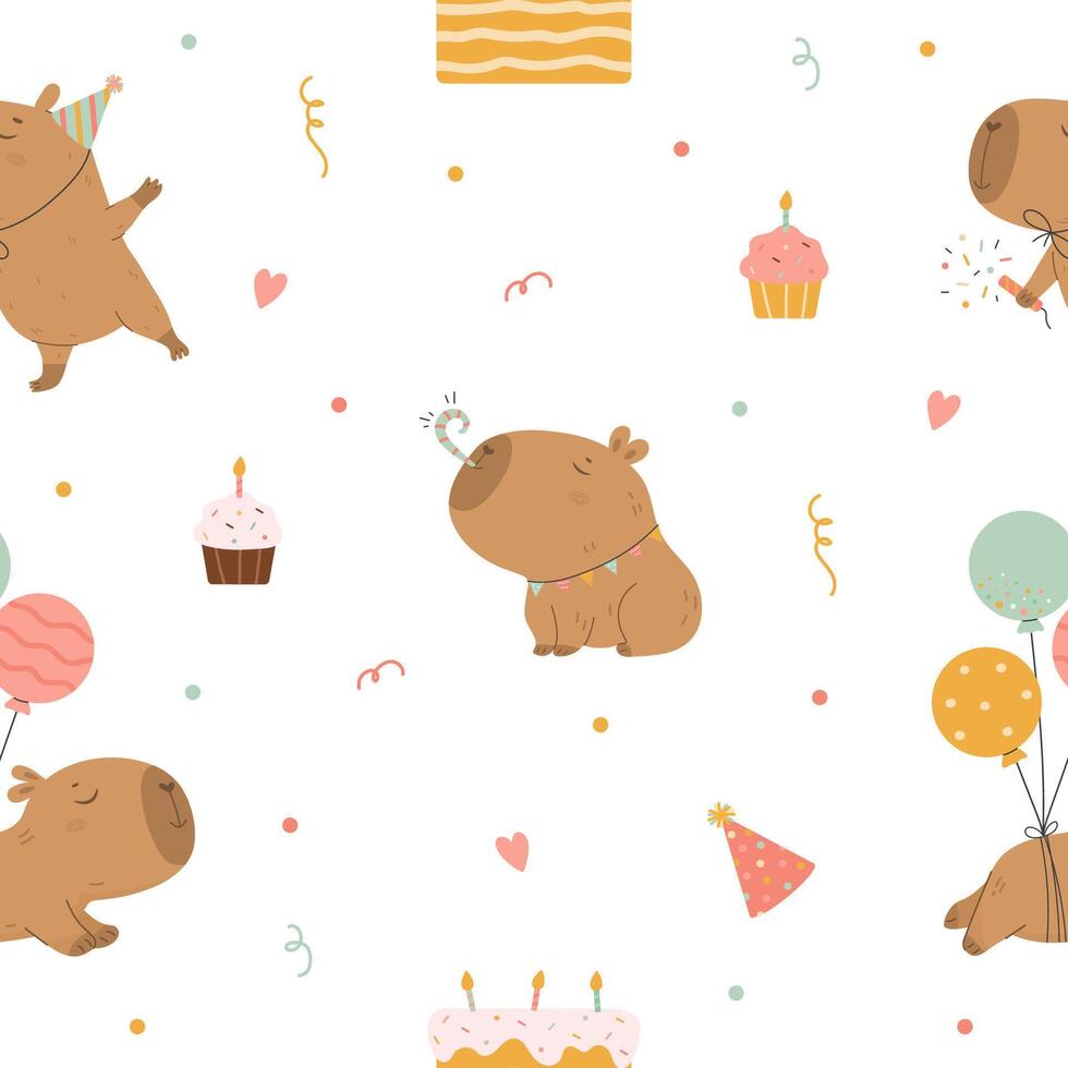 Geburtstag Muster mit komisch Wasserschweine und Cupcakes vektor