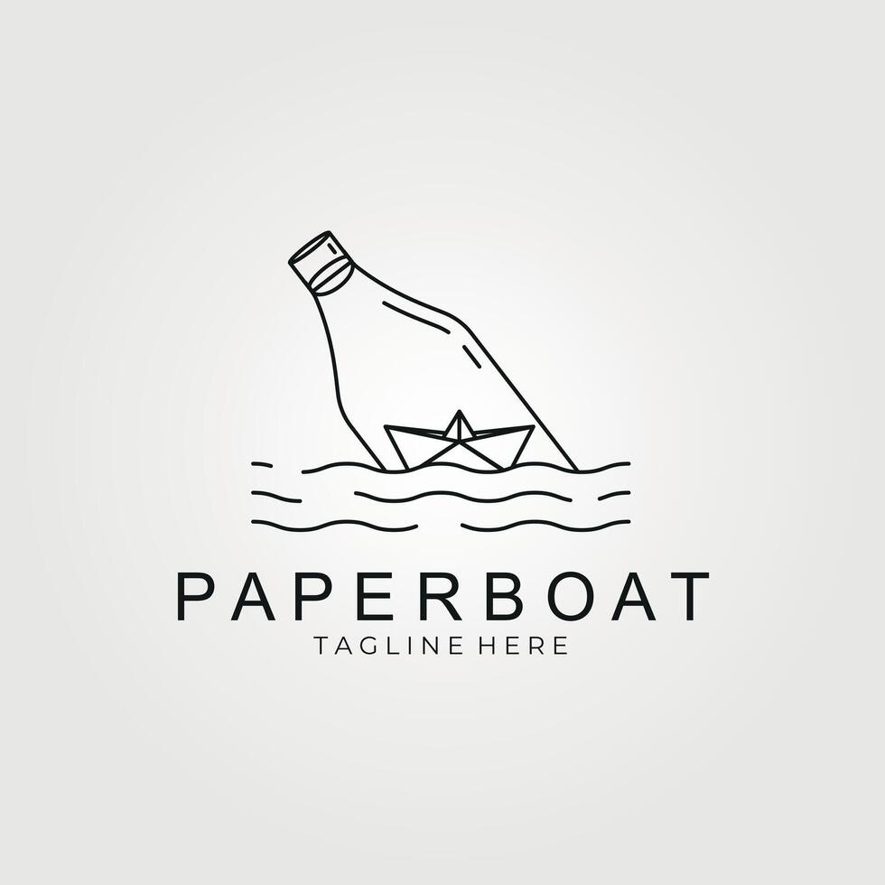 Papier Boot Linie Kunst Stil, Logo Vektor Illustration, Papier Boot und schwebend Flasche Logo Design