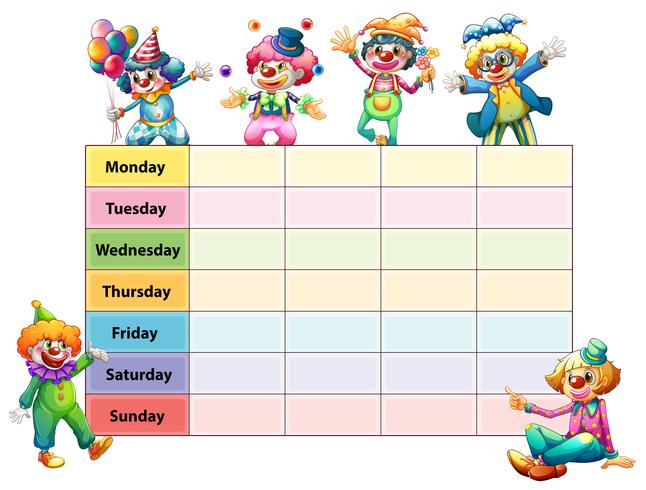 Tabelle mit sieben Tagen in der Woche mit fröhlichen Clowns vektor