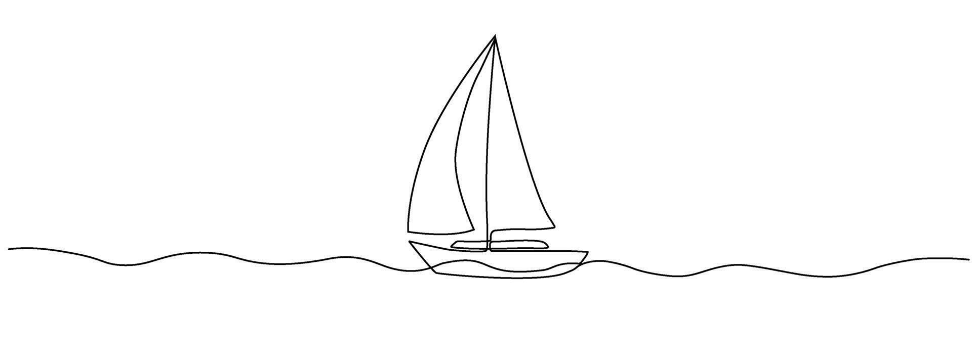 segelbåt i ett kontinuerlig redigerbar linje. abstrakt silhuett av hav fiske båt. begrepp av hav resa på en Yacht. symbol av turism företag aning. vektor illustration i enkel linjär stil