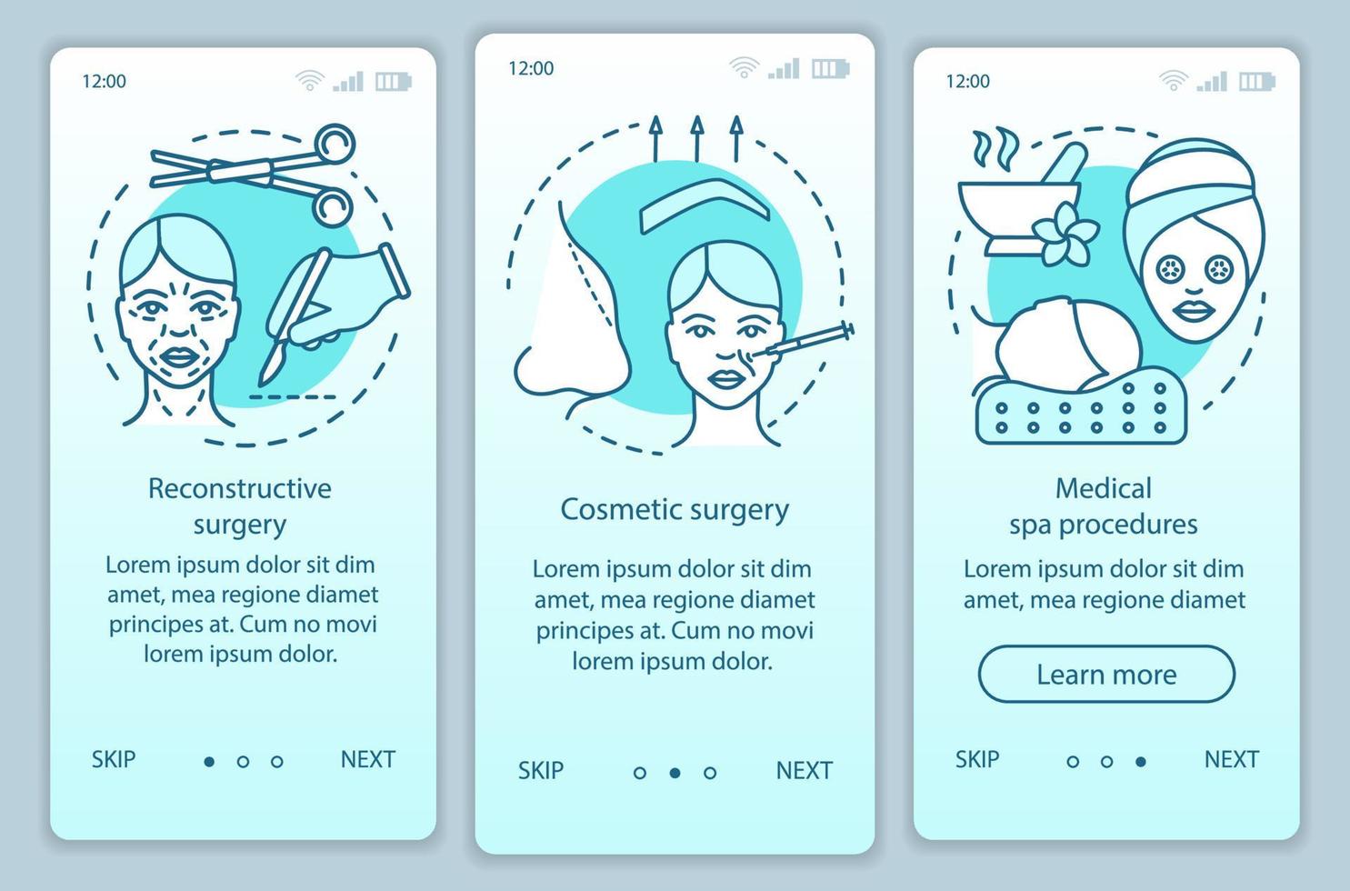Dienstleistungen des Zentrums für kosmetische Chirurgie beim Onboarding der mobilen App-Seitenbildschirmvektorvorlage vektor