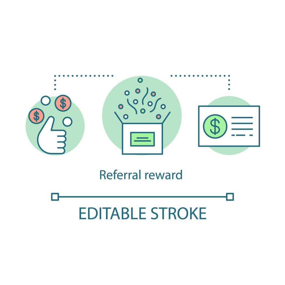 Empfehlungsprämie. Konzept-Symbol. Empfehlungsmarketing-Tools Idee dünne Linie Illustration. Boni und Anreize für den Kunden. Rabattgutschein, gutschein. Vektor isolierte Umrisszeichnung. bearbeitbarer Strich