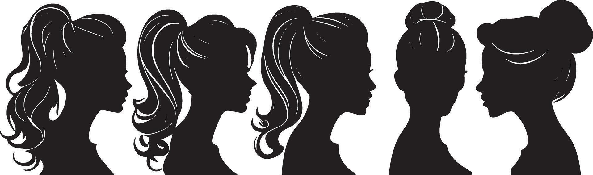 uppsättning av vektor kvinna huvud med annorlunda frisyrer silhuetter mode och skönhet illustration