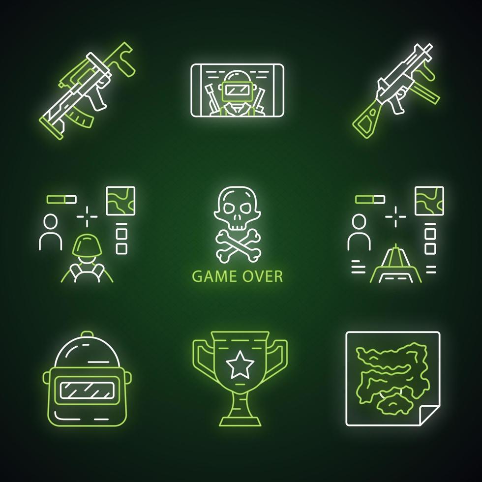 Online-Spielinventar-Neonlicht-Symbole gesetzt. E-Sport, Cybersport. Waffe, Waffe, 3D und Ego-Shooter, Game Over, Trophäe, Helm, Handyspiel. leuchtende Zeichen. isolierte Vektorgrafiken vektor