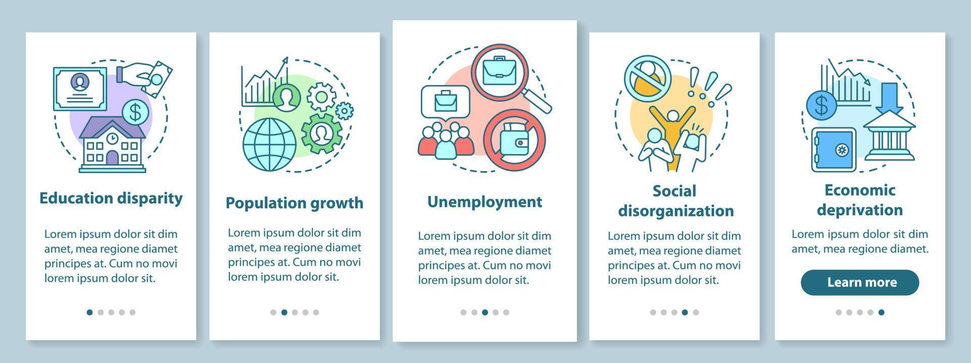 soziale Probleme beim Onboarding des Seitenbildschirms der mobilen App mit linearen Konzepten. Arbeitslosigkeit, wirtschaftliche Entbehrung, Bevölkerungswachstum Walkthrough-Grafikanleitung. ux, ui, gui-Vektorvorlage mit Symbolen vektor