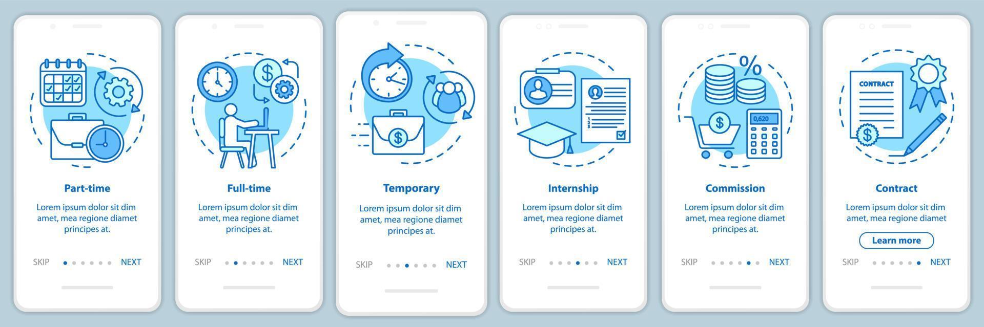 Jobtypen blauer Onboarding-Seitenbildschirm für mobile Apps mit linearen Konzepten. Teilzeit, befristet, Praktikum Walkthrough Schritte grafische Anweisungen. ux, ui, gui-Vektorvorlage mit Illustrationen vektor