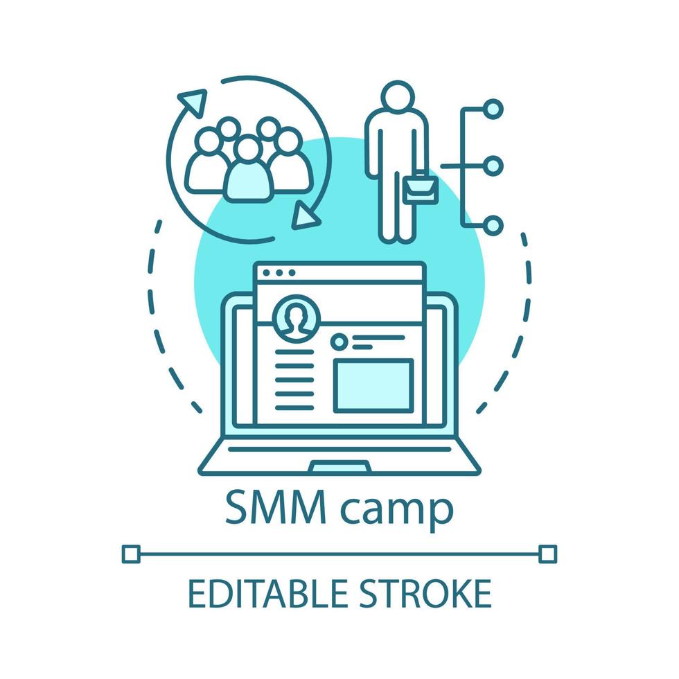 Symbol für das Konzept des Social-Media-Marketing-Camps. Investoren, Aktionäre, die Idee dünne Linie Illustration sammeln. Unternehmen, Geschäftsausweitung Gelegenheit. Vektor isolierte Umrisszeichnung. bearbeitbarer Strich