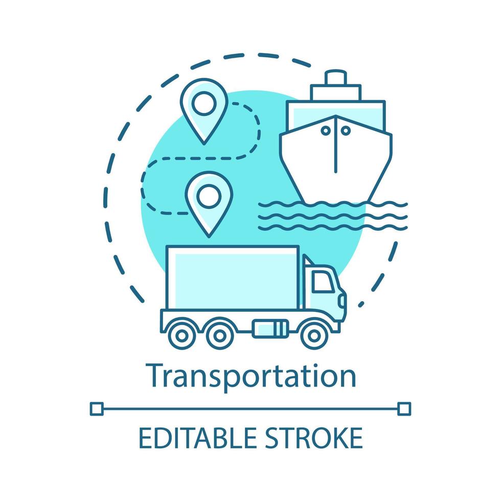 Symbol für das Transportkonzept. Versand auf dem See- und Landweg. Route, Schiff, LKW. Logistik und Vertrieb. Frachtlieferung Idee dünne Linie Abbildung. Vektor isolierte Umrisszeichnung. bearbeitbarer Strich