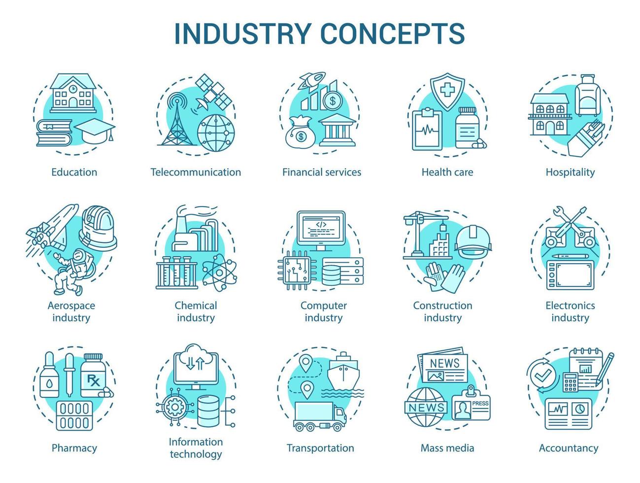 Industriekonzeptikonen eingestellt. Technische Entwicklung. Herstellung, Bereitstellung von Service, Forschung und Entwicklung Idee dünner Linien Illustrationen. Vektor isolierte Umrisszeichnungen. bearbeitbarer Strich