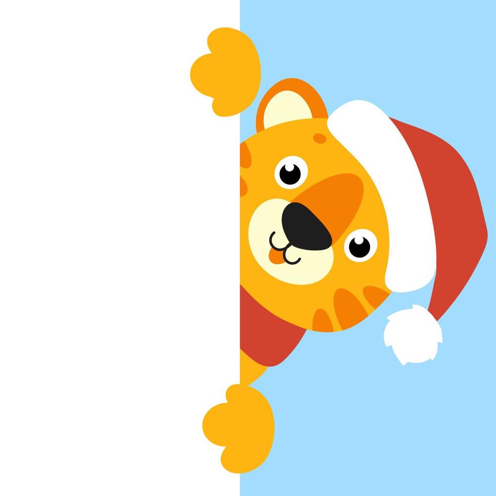 Geschenk Farbe Grußkarte. Tiger-Simbol in einer Weihnachtsmütze. süße Zeichentrickfigur. frohes neues Jahr und frohe Weihnachten. Tier, das weißes leeres Plakat hält. flacher Stil. Vektor-Illustration. vektor