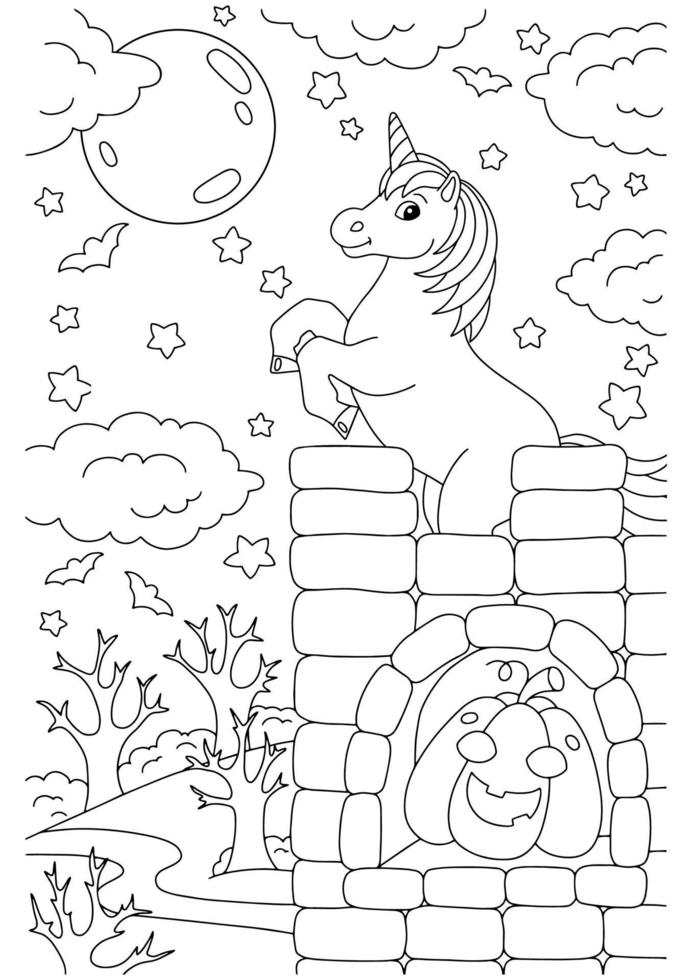 das Einhorn steht auf einer hohen Burg. Malbuchseite für Kinder. Zeichentrickfigur. Vektor-Illustration isoliert auf weißem Hintergrund. vektor