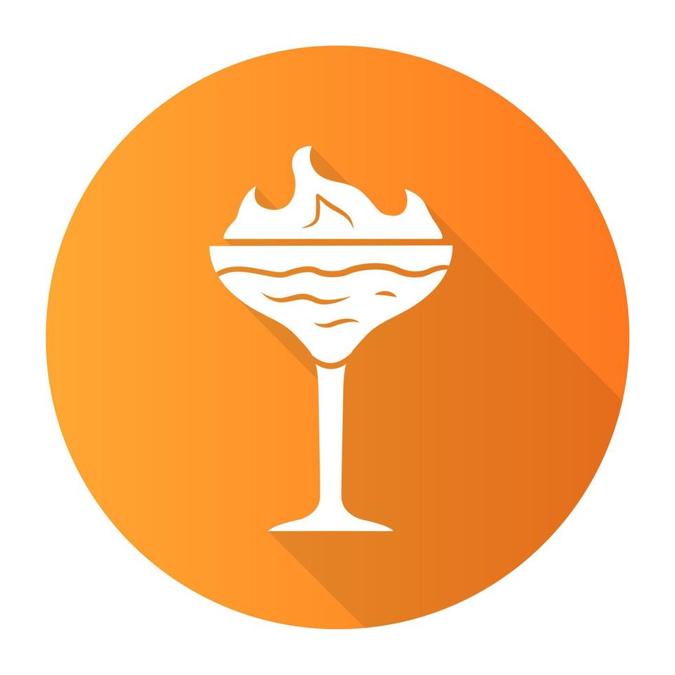 flammande cocktail orange platt design lång skugga glyfikon. martini glas med dryck och brinnande eld. drick med brandfarlig högsäker alkohol. vektor siluett illustration