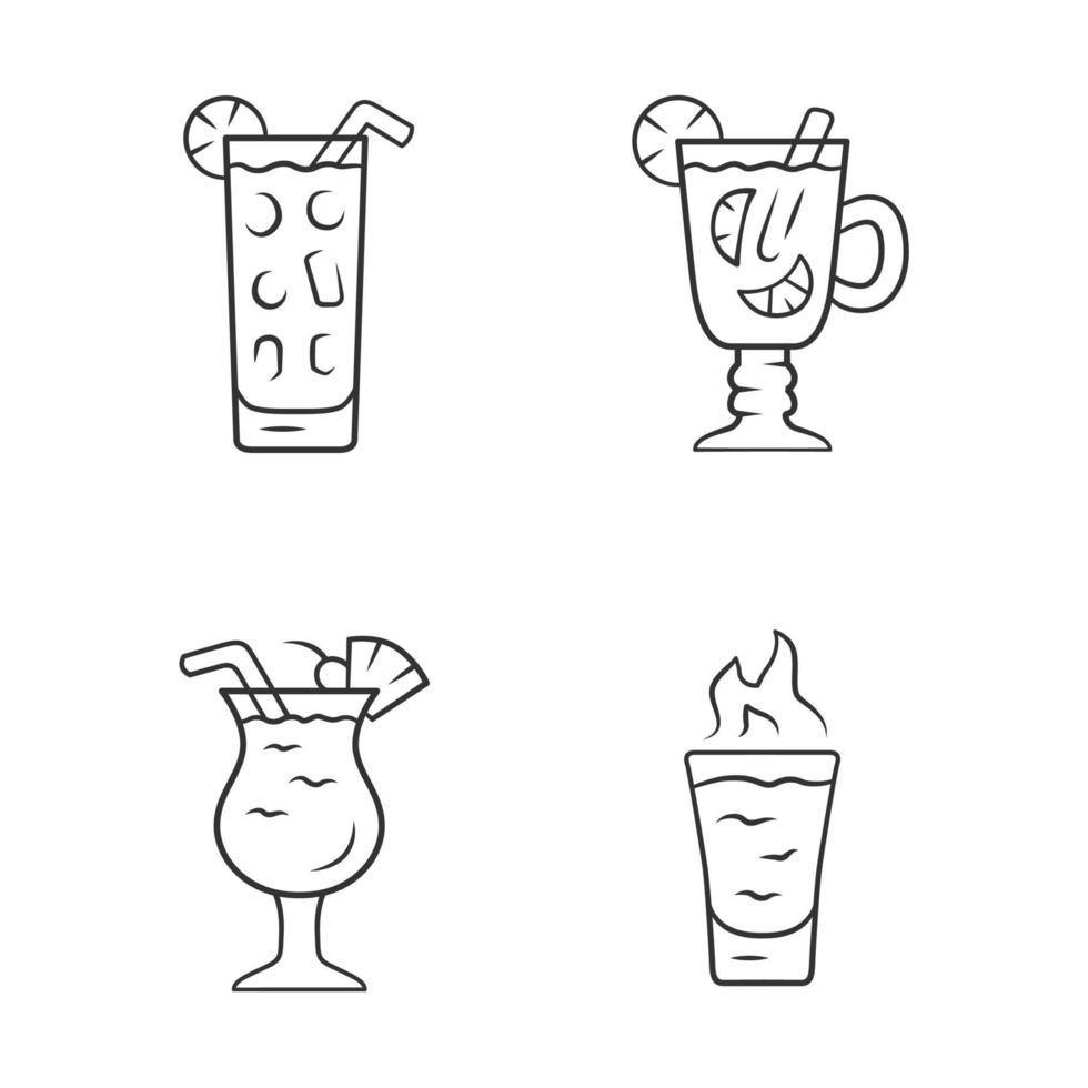 Getränke lineare Symbole gesetzt. Cocktail im Longdrinkglas, Hot Toddy, Pina Colada, flammender Schuss. Mischungen und Erfrischungsgetränke. dünne Linienkontursymbole. isolierte Vektor-Umriss-Illustrationen. bearbeitbarer Strich vektor