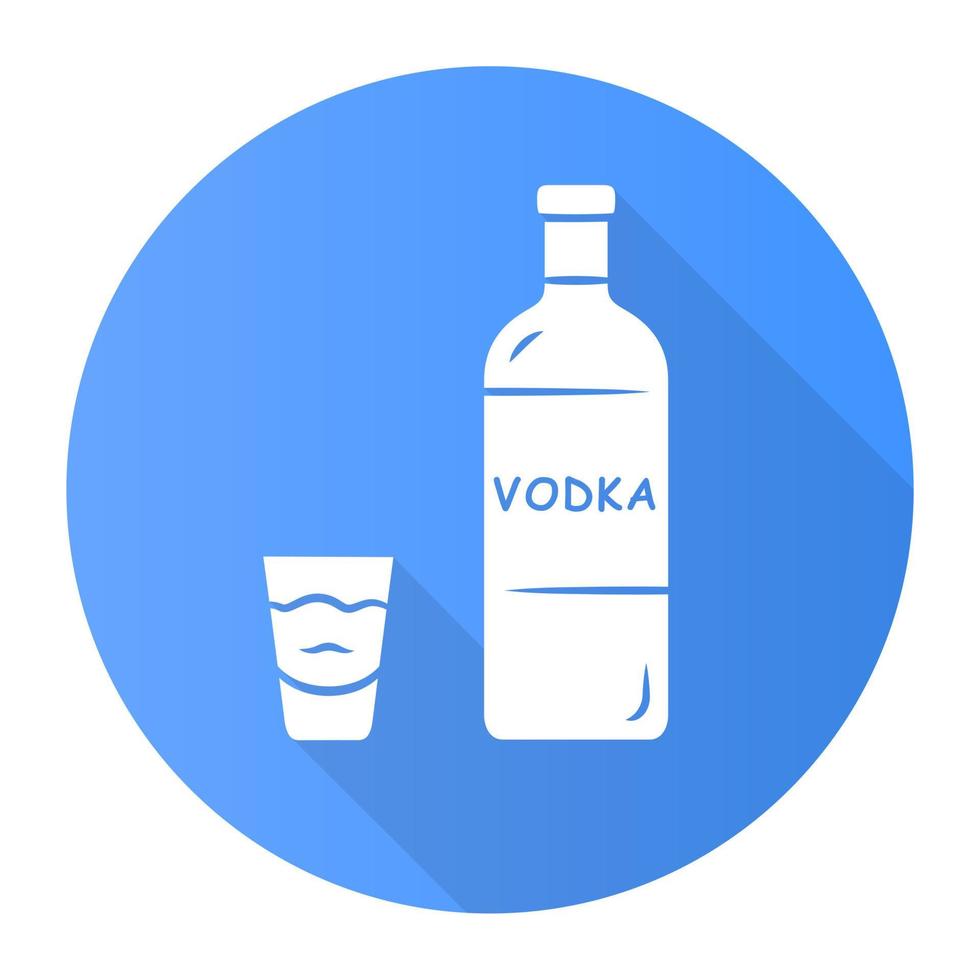 vodka blå platt design lång skugga glyfikon. flaska och snapsglas med dryck. klar destillerad alkoholhaltig dryck som konsumeras för dryck och i cocktails. vektor siluett illustration