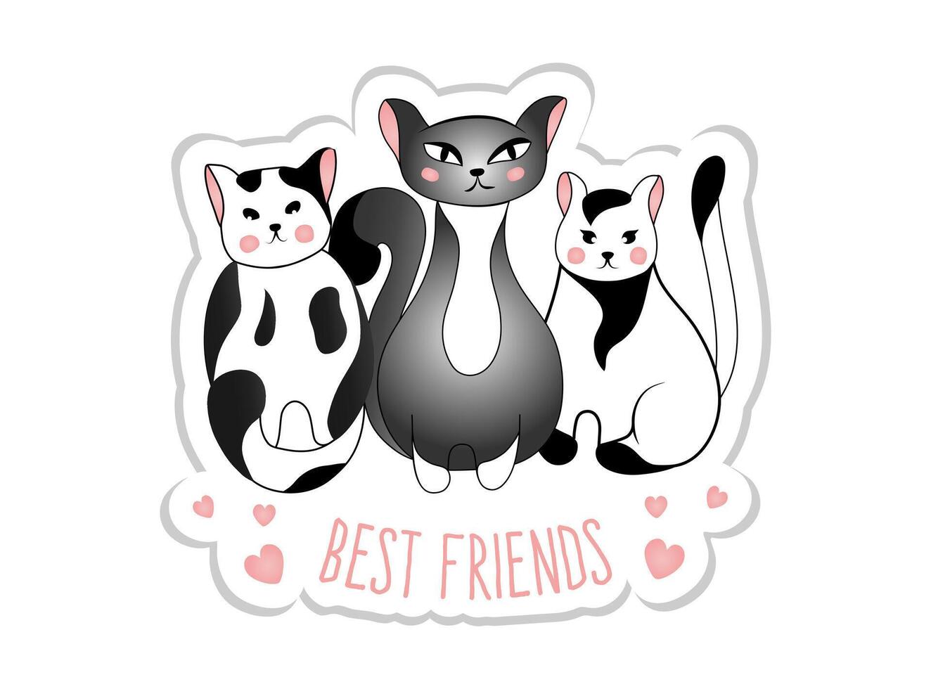 Aufkleber mit süß grau und schwarz und Weiß Katzen isoliert auf Weiß Hintergrund. Vektor Illustration zum Kinder. Beste Freunde.