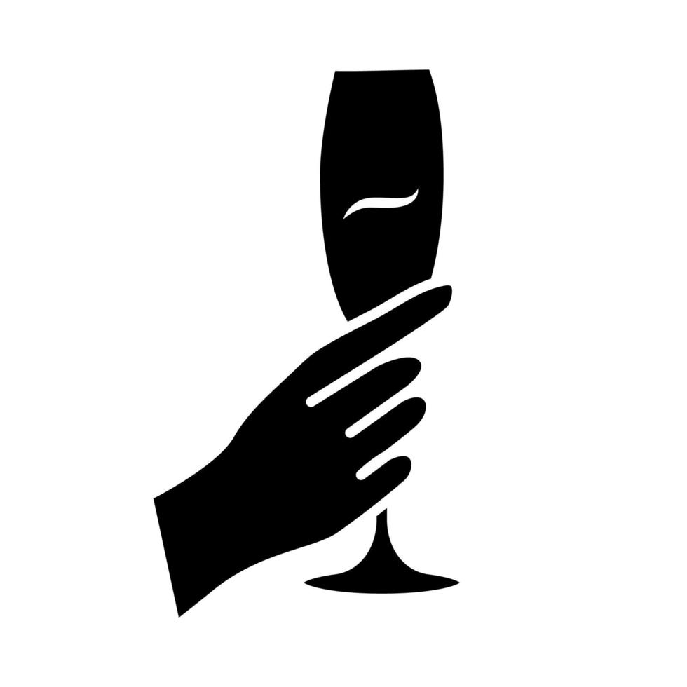 hand som håller ett glas rosévin glyfikon. champagneskålar. glas med alkoholdryck. vinservice. firande. avsmakning. siluett symbol. negativt utrymme. vektor isolerade illustration