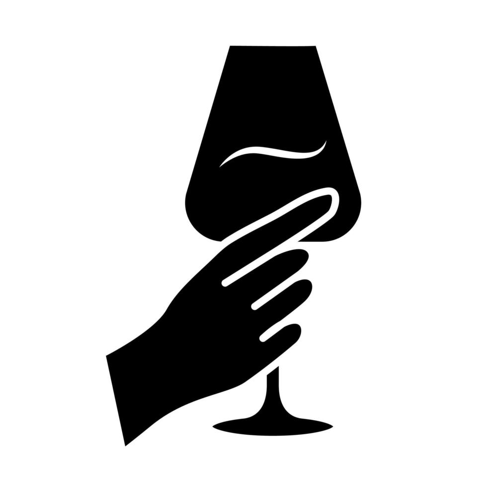 hand som håller ett glas vin glyfikon. glas med alkoholdryck. vinservice. glas. fest, fest. rostat bröd. Skål. siluett symbol. negativt utrymme. vektor isolerade illustration