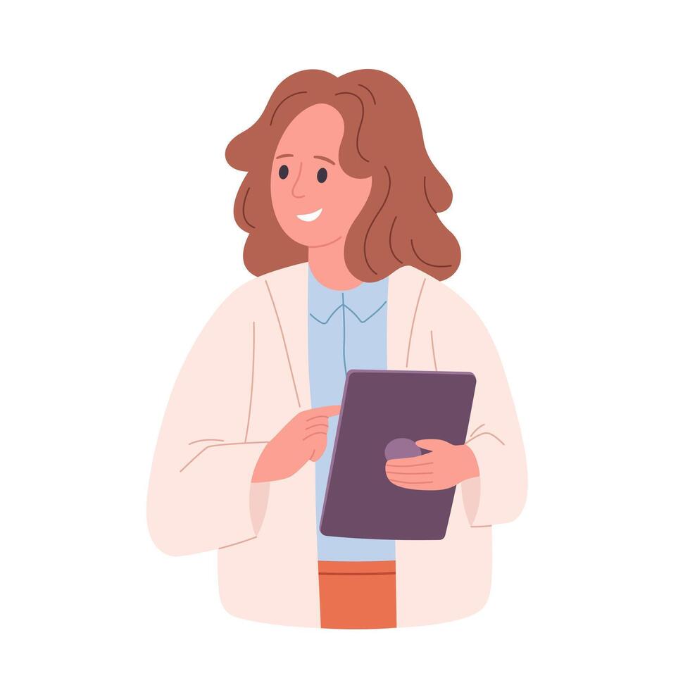 weiblich Wissenschaftler, Arzt oder Biologe im Weiß Mantel halten Digital Tablette. Arzt suchen im das medizinisch Karte vektor
