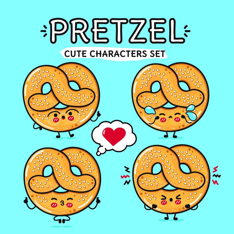 rolig söt Lycklig franska pretzel tecken bunt uppsättning. vektor hand dragen klotter stil tecknad serie karaktär illustration ikon design. isolerat blå bakgrund. franska pretzel maskot karaktär samling