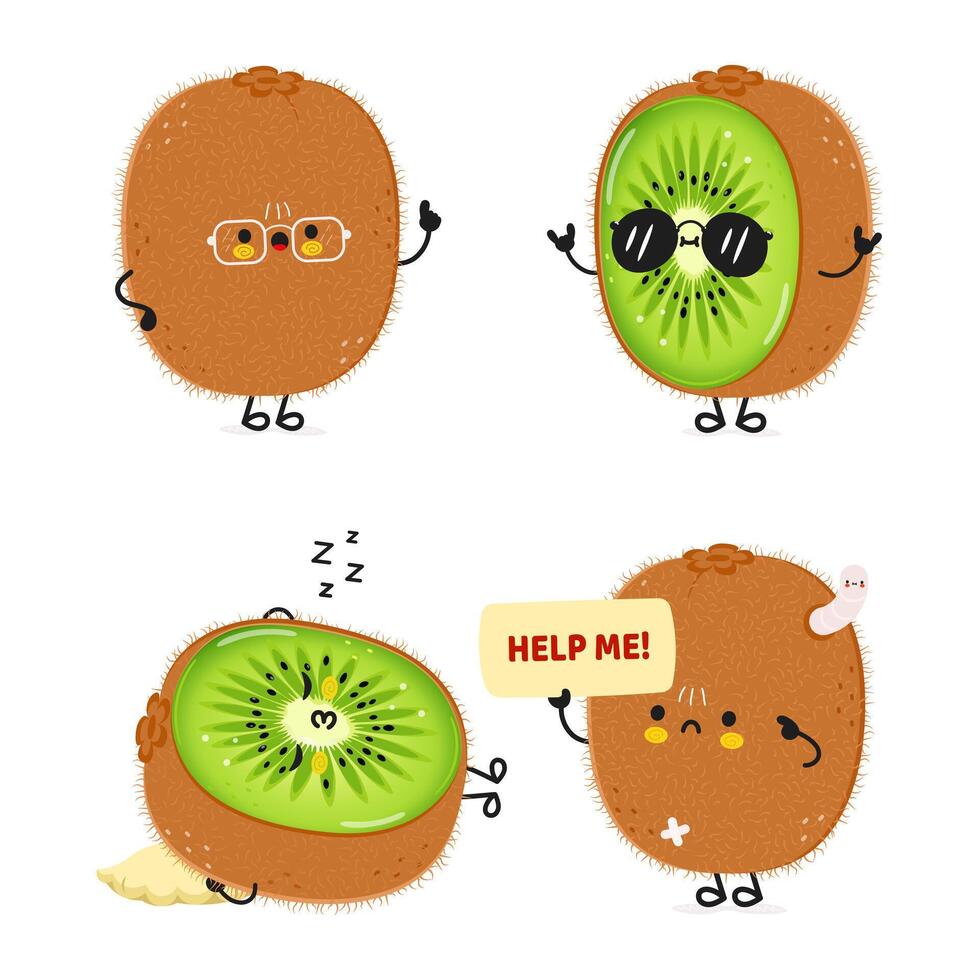 komisch Kiwi Obst Zeichen bündeln Satz. Vektor Hand gezeichnet Gekritzel Stil Karikatur Charakter Illustration Symbol Design. süß Kiwi Obst Maskottchen Charakter Sammlung