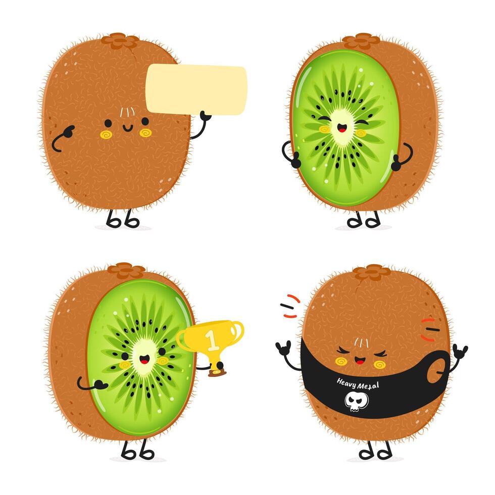 komisch Kiwi Obst Zeichen bündeln Satz. Vektor Hand gezeichnet Gekritzel Stil Karikatur Charakter Illustration Symbol Design. süß Kiwi Obst Maskottchen Charakter Sammlung