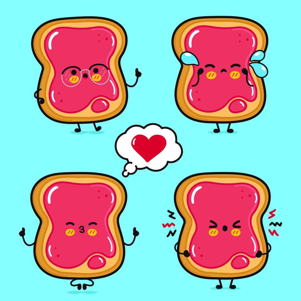 komisch süß glücklich Toast Stück von Brot mit Marmelade Zeichen bündeln Satz. Vektor Hand gezeichnet Gekritzel Stil Karikatur Charakter Illustration. isoliert Blau Hintergrund. Toast Stück von Brot mit Marmelade Charakter