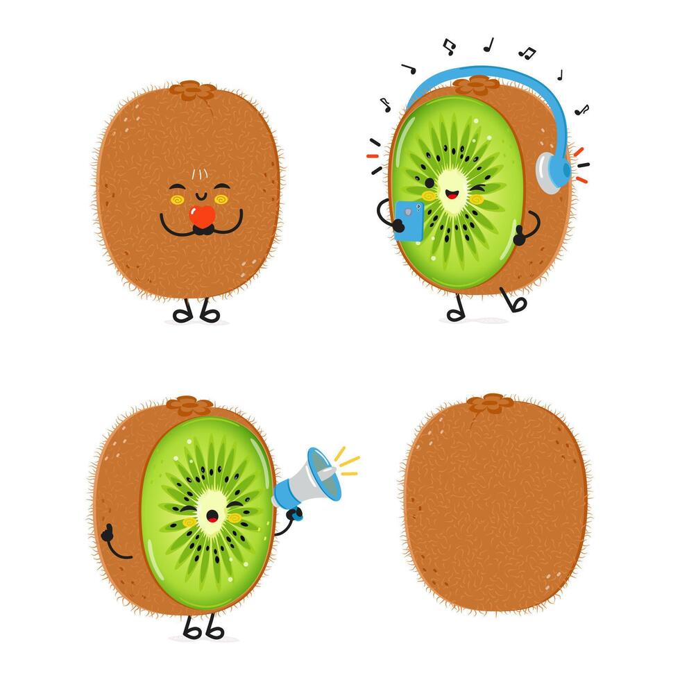 komisch Kiwi Obst Zeichen bündeln Satz. Vektor Hand gezeichnet Gekritzel Stil Karikatur Charakter Illustration Symbol Design. süß Kiwi Obst Maskottchen Charakter Sammlung