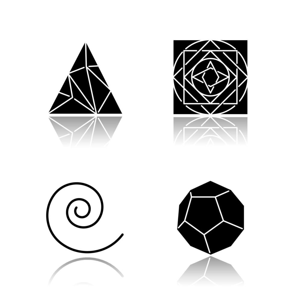 geometrische Figuren Schlagschatten schwarze Glyphe Icons Set. polygonales Dreieck. Quadrat mit Ornament. Wirbel, geschwungene Schläge. abstrakte Formen. Dodekaeder. isometrische Formen. isolierte vektorillustrationen vektor