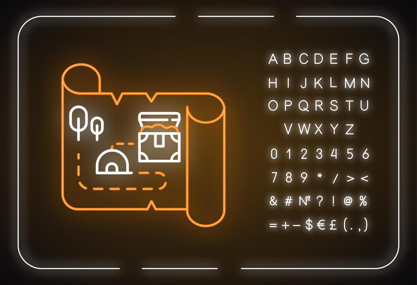 Schatzkarte Neonlicht-Symbol. altes Manuskript. alte Schriftrolle. Fundort der Schatzkiste. historische Artefakte. Piratengold. leuchtendes Schild mit Alphabet, Zahlen und Symbolen. isolierte Vektorgrafik vektor