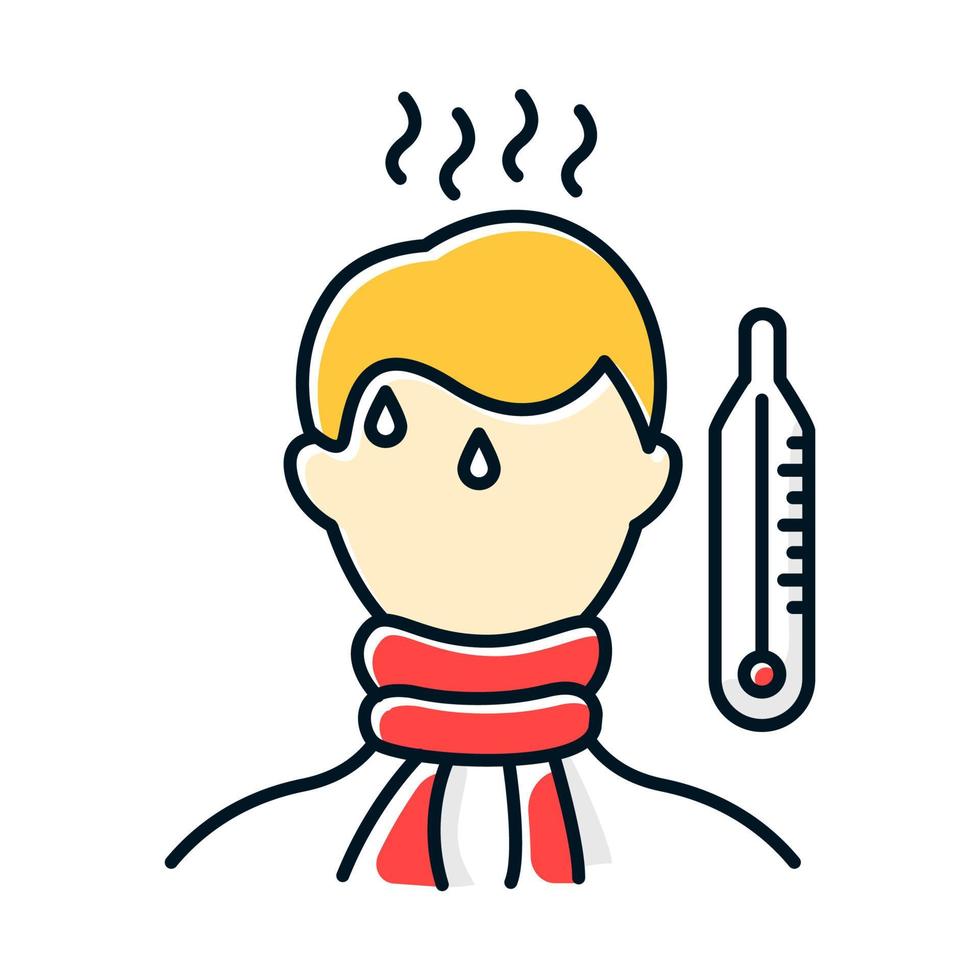 Farbsymbol für hohe Temperaturen. Fiebersymptom. Krankheit, Krankheit, Mann unwohl. Gesundheitspflege. Grippe, Influenza-Infektion. kranke Person. starke Schmerzen. Thermometer. grippe Behandlung. isolierte Vektorillustration vektor